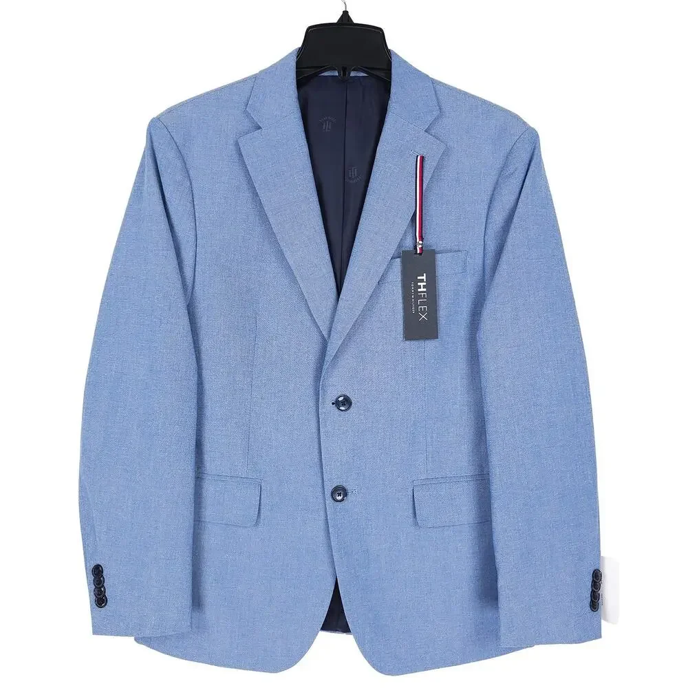 Tommy Hilfiger Mens Modern Fit Sport Coat 40S Blue Solid Stretch Cotton Chambray